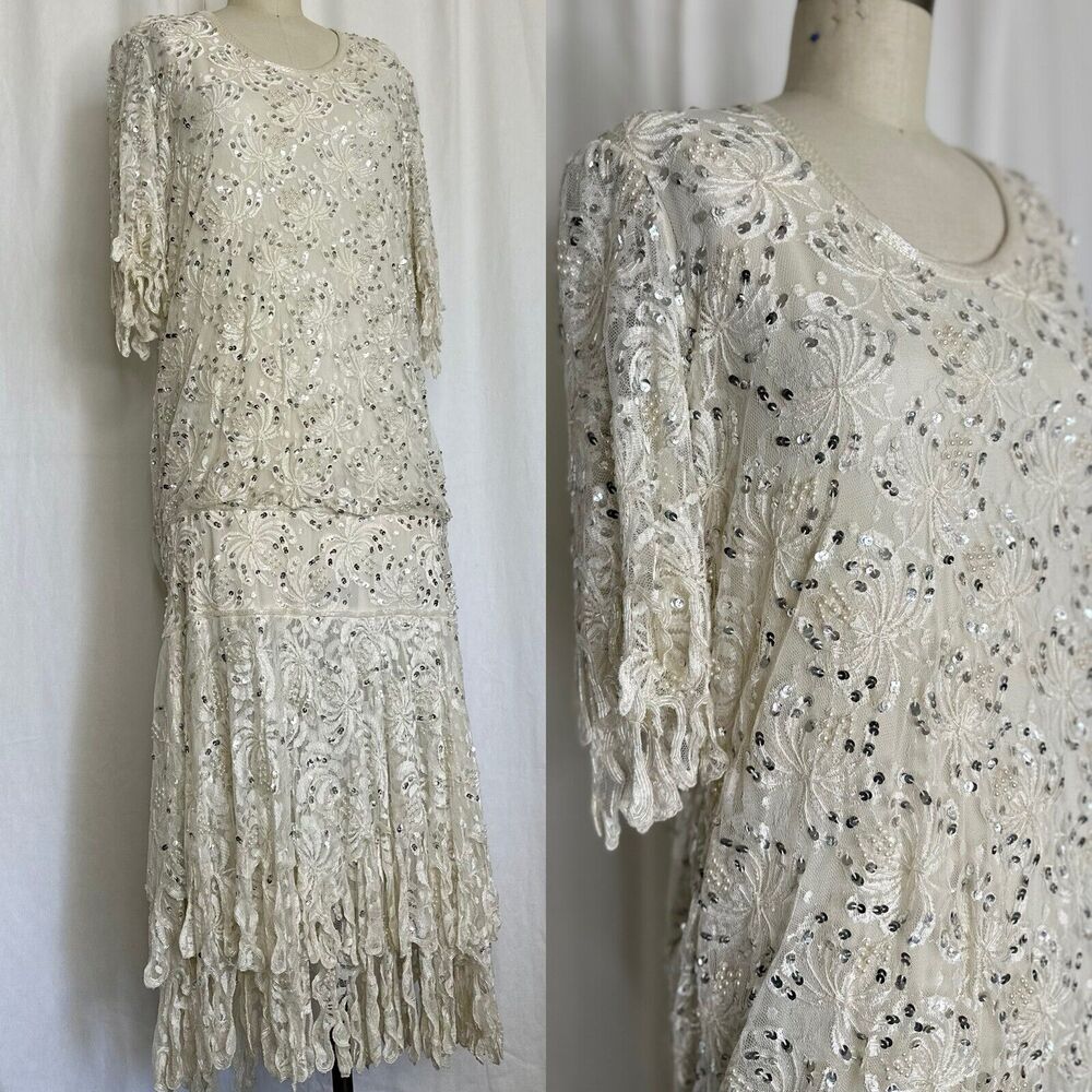 LILLIE RUBIN Womens Large Dress Ivory Cream Sequin RARE 80s PEARLS FLAPPER